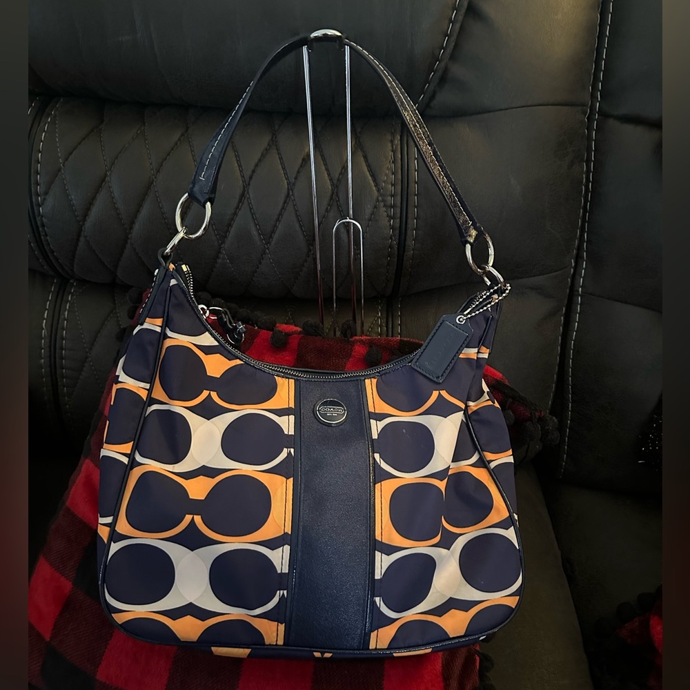 Coach linear Signature Shoulder Bag with Crossbody strap EUC blue/orange
